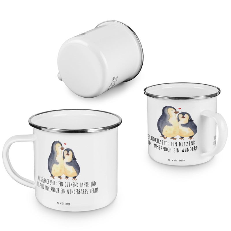 Mr. & Mrs. Panda Camping Emaille Tasse 12. Hochzeitstag Nickelhochzeit