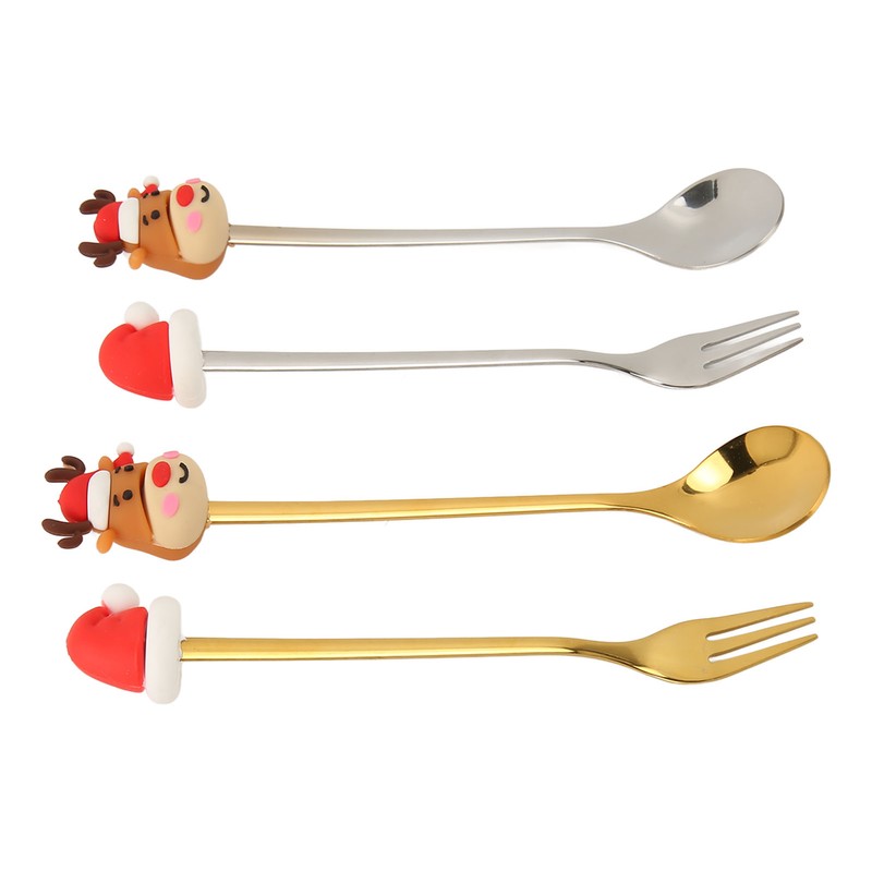 4Pcs Christmas Spoons and Forks Set Stainless Steel Cartoon Funny