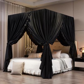Mengersi Black Canopy Bed Curtains King Size,Royal Breathable Lightweight Private Space-Elegant Bed Curtains Bedroom Decoration Accessories for Adults