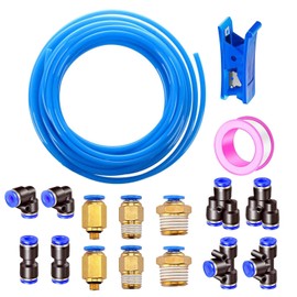 HUAZIZ Blue 10 m Air PU Pneumatic Hose, 5/32 Inch Pneumatic Polyurethane Pneumatic Hose, 4 mm Outer Diameter with 14 Pieces Pneumatic Connector + 1 Hose Cutter + 1 Roll of Tape