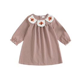 Motlapol Toddler Girl Thanksgiving Smocked Dress Long Sleeve Peter Pan Collar Turkey Embroidery Striped Dress Fall Outfits (Brown, 3-4 Years)