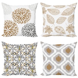 Ambesonne Vintage Throw Pillow Covers Pack of 4, Bohemian Ornamental Leaves Dahlia Pattern Geometric Curlicue, Modern for Home Accent Double-Sided Digital Printing Cases, 20", Pale Brown Grey White