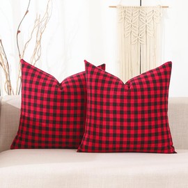 CARRIE HOME Red and Black Christmas Gingham Plaid Pillow Covers 16x16 Set of 2, Red Black Winter Holiday Christmas Outdoor Pillows, 16 x 16 Christmas Farmhouse Decor Couch Pillows