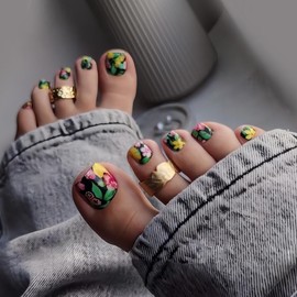 24Pcs Summer Flower Press on Toenails Short Square Fake Toe Nails Pink Rose Glossy with Green Leaves Designs Full Cover Acrylic Colorful Artificial Toenails for Women Girl DIY Manicure