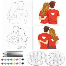 WEBEEDY Couples Canvas Painting Kit Pre Drawn Canvas to Paint for Adults Date Night Party,8x10 Inch Heart Sip and Paint Art Set with Outline Canvas for Valentine's Day Anniversary,2 Pack 20x25cm