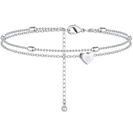Moodear Silver B Initial Ankle Bracelets for Women - Waterproof Layered Sterling Silver Anklets Dainty Heart Charm Letter Anklet for Her