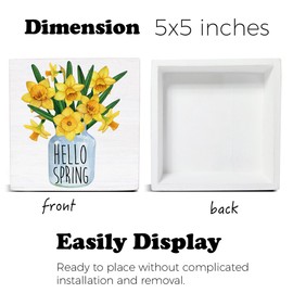 Spring Decor - Hello Spring Decorations - Floral Wooden Decorative Sign - Rustic Home Decor for Desk Table Shelf 5 x 5 Inches