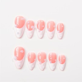 Basic Design with Chrome, French, Light Star Almond Press On Nails, Classic Design Fake Nails for Chrismast Event, Wedding Event, Prom, Party (S009, XS)