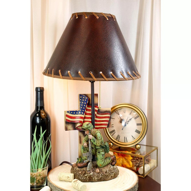 Patriotic Soldier With Rifle Kneeling By American Flag Cross Memorial