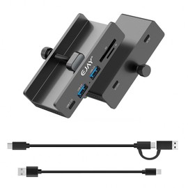 EJAY 5Ports USB3.0 HUB Alu Splitter Desktop Docking with Card Reader for Desk/Monitor Clipping with Extra Power Supply Port,59inches Data & 39inches Power Cable-5Gbps(BJ-2A1CTS-BK)
