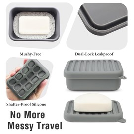 2PCs Silicone Travel Soap Case, Leak-Proof Bar Soap Container with Drain Tray, Portable Travel Soap Dish with Lid for Hiking, Gym, Camping, PortableToiletries Accessories (PinkGrey)