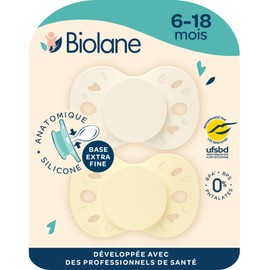 BIOLANE - Anatomically shaped teat - Extra thin pacifier - 6-18 months - Yellow and beige - Flat and reversible nipple - Optimal comfort - Respect for mouth development - Renewable