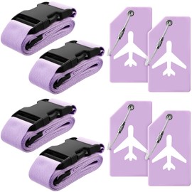8 Pcs Luggage Straps Suitcase Tags Set for TSA Approved, 4 Travel Adjustable Suitcase Belt, 4 Silicone Luggage Tags with Name ID Card Travel Accessories(Light Purple)