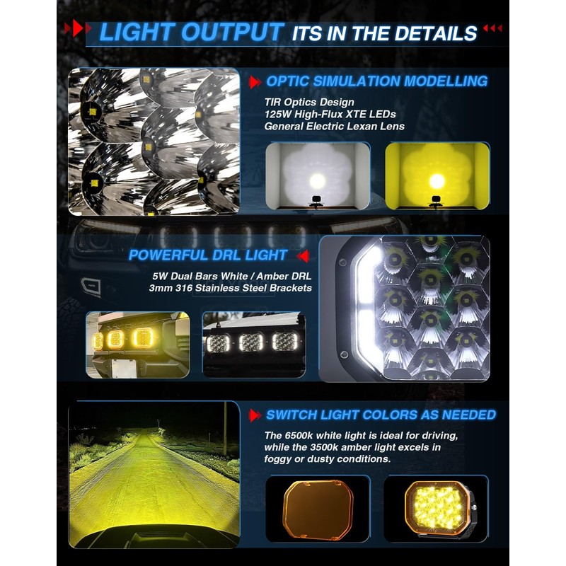 BraveWAY 5x7IN Square LED Driving Lights - 125W 19800LM with