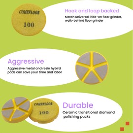 Hybrid Ceramic Transitional Diamond Polishing Pucks for Concrete Terrazzo Floor, 3 Inch Hook and Loop Aggressive Floor Grinding Discs, 100# 3PCS