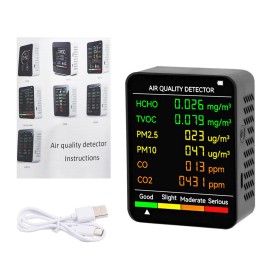Unbranded 6in1 Air Quality Monitor CO PM2.5 TVOC HCHO Carbon Dioxide Exceed Alarm - Black