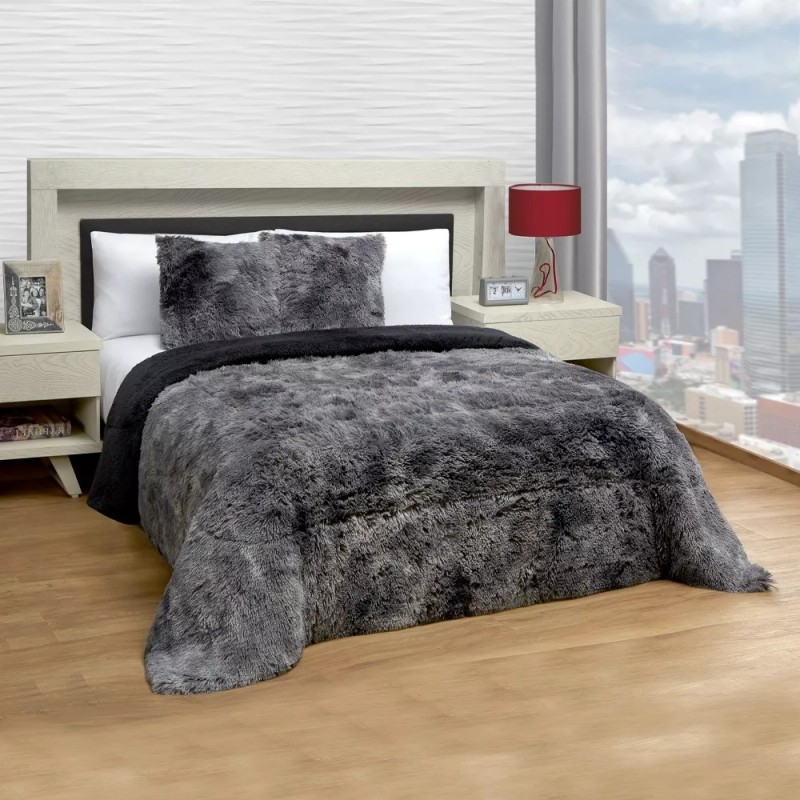 Elefantito Cobertor Matrimonial Grizzly Negro Gris 2 Vistas Invernal