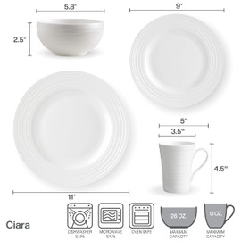 Mikasa Ciara 16 Piece Bone China Dinnerware Set, Service for 4, Lightweight and Durable Plates Bowls and Mugs, Elegant White Dinnerware for Everyday Use