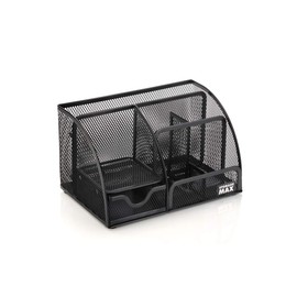 StorageMax Organizador de escritorio con cajón, organizador de malla de alambre de escritorio con 6 compartimentos para bolígrafos, lápices y letras. Negro