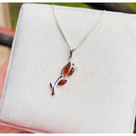 SilverAmber Jewellery - 925 Sterling Silver & Genuine Cognac Baltic Amber Tulip Modern Pendant - GL2033C