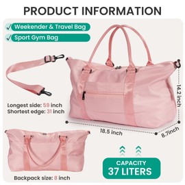 LIKABLEB Waterproof Duffel Bag, Travel Duffle Weekender Overnight Bag Carry On Luggage for Women & Men, Gym Sports Hospital Bag with Trolley Sleeve (Pink)