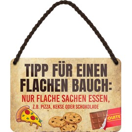 WOGEKA ART HS309 Tin Sign with German Text "Für FLAT Bauch nur Flatches essen: PIZZA, KEKSE, CHOKOLADE" [German Language] as a Gift Idea for Birthday, Christmas as a Decorative Sign 18 x 12 cm