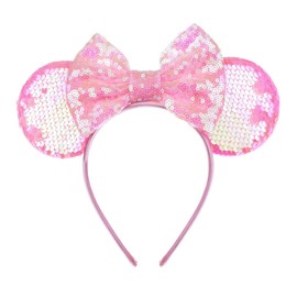 A Miaow Sequin Black Mouse Ears Headband Glitter Butterfly MM Bow Park Cruise Hairband for Girls Women Adults Princess Cosplay Party (Hot Pink)