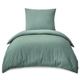 RUIKASI Bed Linen, 155 x 220 cm, 2 Pieces, Green, Duvet Cover Set, Sage Green, with Pillowcase, Microfibre Bedding Set, with Zip, Soft and Non-Iron