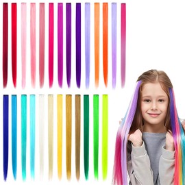 Dtoterul 26 Stück Bunte Haarsträhnen Zum Einklipsen, Kinder Farbige Haarverlängerung, 55cm Bunte Haarverlängerung Clips, Für Frauen Mädchen Kinder Party Festival Dekoration