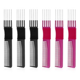 6PCS Lift Teasing Combs with Metal Prong, Non-slip Handle Hair Pick Comb for Women, Ergonomic Lifting Fluffing Comb with Metal Pick, Suitable for Detangling and Hair Styling