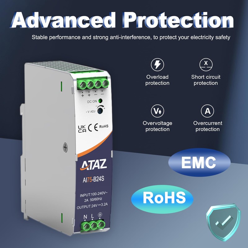 75W Din Rail Power Supply, 3.2A 24V Output, AC/DC Power