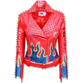 Fashion SX Women's Punk Floral Embroidered short Faux Leather Jacket Hand-painted Moto PU Coat(Red-M)