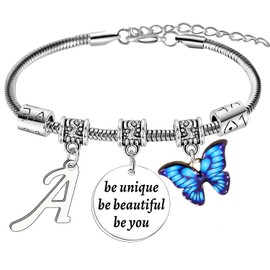 BESPMOSP Bracelet Gifts for Girls Women Letter A-Z Bracelet Blue Butterfly Initial Alphabet Bracelet Butterflies Gifts Inspirational Bracelet Jewellery Gifts for Family Friends (Letter A Bracelet)