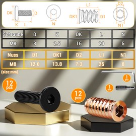 TXXATX Pack of 24 M8 Screws Included M8 x 20 mm Flat Head Screws M8 x 25 mm Threaded Sleeves for Wood Screw Nuts with Hex Key Hex Bit H5 for DIY Wooden Furniture Connections