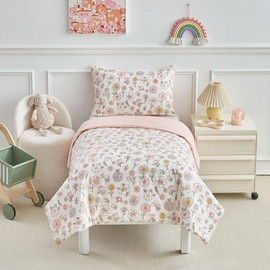 DuShow Pink Floral Cot Bed Duvet Cover Set,Toddler Bedding Set For Girls,Flower Toddler Cot Bed Duvet Cover and Pillows Set-120 x 150