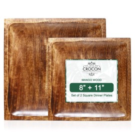 Crocon Square Wood Plates Set of 2, Wooden Dinner Plates Set, 8 Inch & 11 Inch Wood Serving Tray Wooden Plates for Fruit Salad Snacks, Dish Platter Charcuterie Boards, Wood Charger Plates