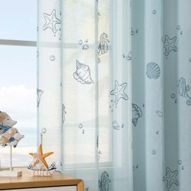 jinchan Blue Sheer Curtains 84 Inches Long Nautical Coastal Starfish Seashell Pattern Curtains for Bedroom Beach House Window Treatment for Living Room Rod Pocket Summer Drapes 2 Panels Set
