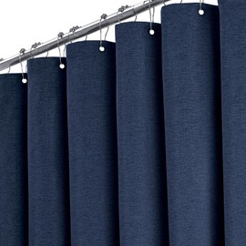 BTTN Extra Long Fabric Shower Curtain - 72x90 Inch Linen Textured Heavy Duty Cloth Shower Curtain Set with Plastic Hooks, Hotel Luxury Waterproof Tall Polyester Shower Curtains for Bathroom, Navy Blue
