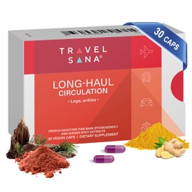 TRAVELSANA Pycnogenol 100mg & Ginger Extract | Supports Healthy Circulation, Vein Health & Leg Comfort | Helps with Occasional Swelling in Legs & Feet | Long-Haul Travel Essentials | 30 Vegan Caps
