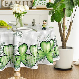 Horaldaily St. Patrick's Day Tablecloth 70×70 Inch Round, Buffalo Plaid Shamrock Eucalyptus Washable Table Cover for Party Picnic Dinner Decor