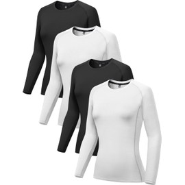 4 Pack Women's Compression Shirts Long Sleeve Moisture Wicking Performance Tops Cool Dry Athletic Workout Baselayer (BKBKWTWT S)