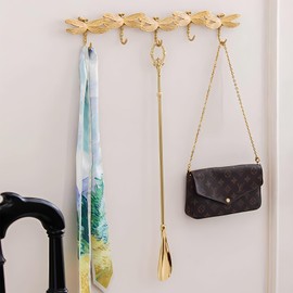 YACSNBF Gold Coat Rack Wall Mounted - 5 Tri Hooks, Heavy Duty, Brass Coat Hook Rail for Coat Hat Towel Purse Robes Mudroom Bathroom Entryway