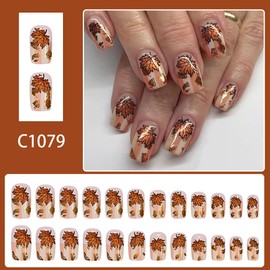 24Pcs Fall Maple Leaf Press on Nails Short Square Fake Nails Thanksgiving False Nail with Stripe Designs Golden Foil Glue on Nail Full Cover Stick on Nails for Women Autumn Manicure Decorations