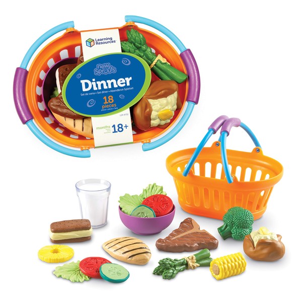 Learning Resources New Sprouts Dinner Food Basket - 18 Pieces, Ages 18+ Months Pretend Play Food for Toddlers, Preschool Learning Toys, Kitchen Play Toys for Kids
