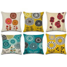 JUMUU Set of 6 Cotton-Linen Decorative Throw Pillow Covers Cute Cartoon Flowers Pattern Accent Handmade 18x18 Inch Square Cushion Cover Pillowcase for Sofa Couch Bed (Cartoon Flowers, 45 x 45cm)