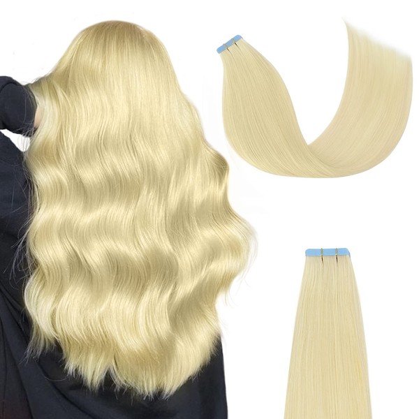AGMITY Tape-In Real Hair Extensions, 20 Pieces, 50 g, 45 cm, Platinum Blonde, Remy, Invisible, Straight, Seamless Skin Weft Tape in Hair Extensions (45 cm, #60 Platinum Blonde)