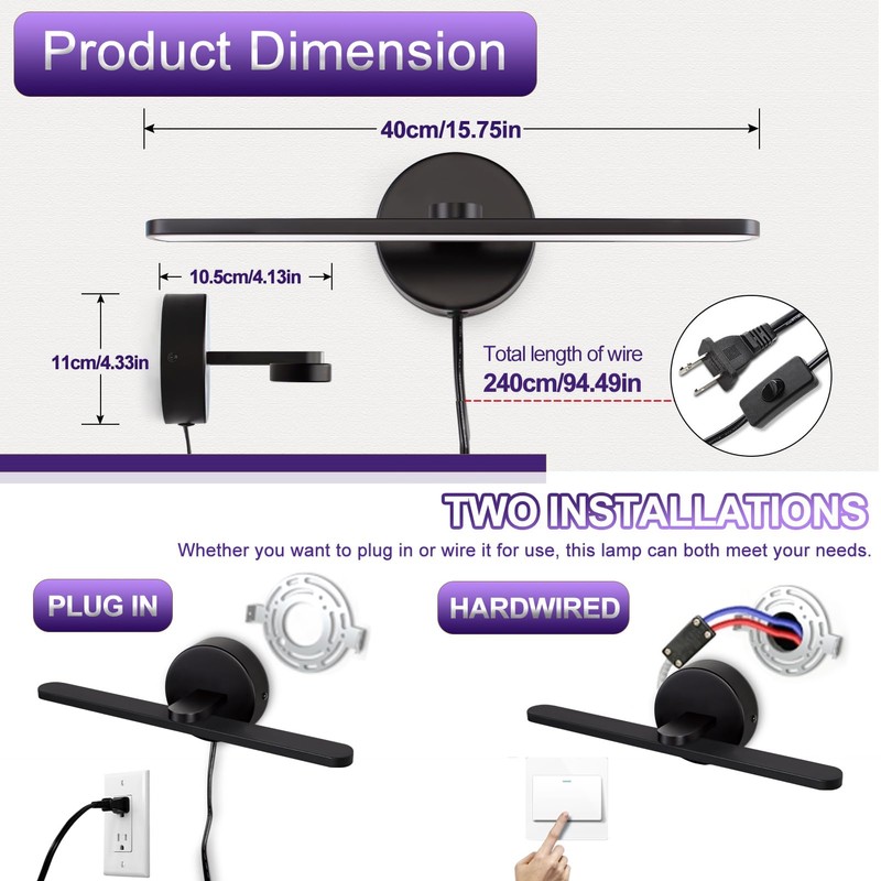 TYhogar 15.75" Plug in/Hardwired Bathroom Vanity Light Fixtures Modern Black
