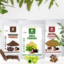 AmazerCare Amla Reetha Shikakai Powder for Hair, Natural Hair Care Combo Amla + Aritha (Reetha) + Shikakai (175 gm each) 100% Pure, 3 Pouches