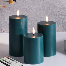 Girimax Dark Green Flameless Pillar Candles with Remote, Real Wax Flickering Battery Operated LED Candles Φ 3" H 4" 5" 6"