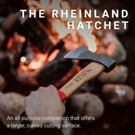 Adler Rheinland Camping Hatchet with Leather Sheath - German Forged, 14" Hickory Handle, Compact Hatchet for Hiking, Bushcraft, Wood Carving, Preparing Kindling (Red Stripe)